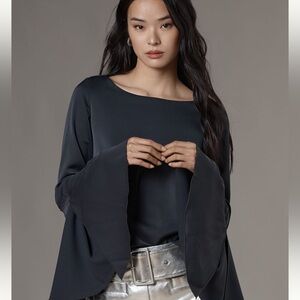 Anthropologie Blue Asymmetrical Oversized Bell Sleeve Satin Blouse